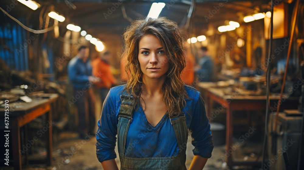 Surrounded by work tools, a female employee in a metalworking workplace looks at a camera.. Surrounded by work tools, a female employee in a metalworking workplace looks at a camera..