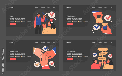 Win-win dark or night mode web or landing set. Employees navigate challenges, finding mutual success. Compromise, synergy and collaboration in negotiation process. Flat vector illustration.