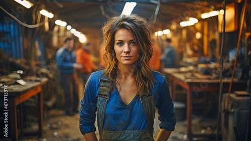 Surrounded by work tools, a female employee in a metalworking workplace looks at a camera..