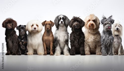 A group of different colored dogs lined up to pose for a portrait. Banner or social media cover