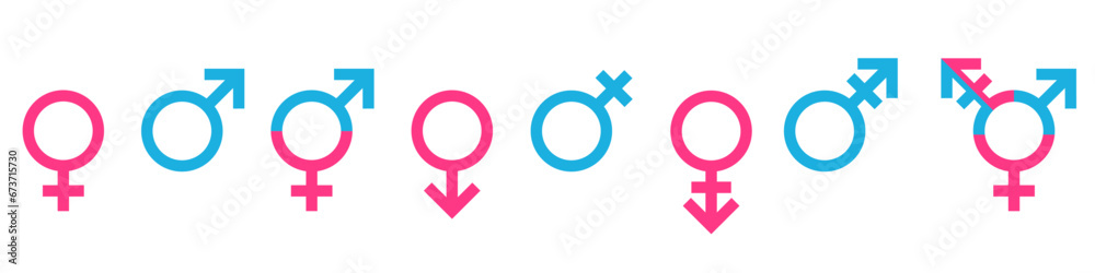 Gender icon set pink and blue color. The sign of a woman, a man, a non-binary gender identity, androgynous and intersex, transgender. Logo of partners, love and family - obrazy, fototapety, plakaty 