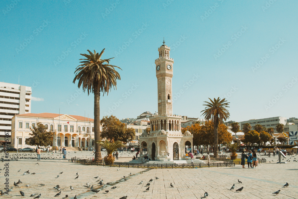 Clock tower at the square of Izmir at sunlight day. Tourism and sightseeing. 30 Sent. 2022. Izmir, Turkey