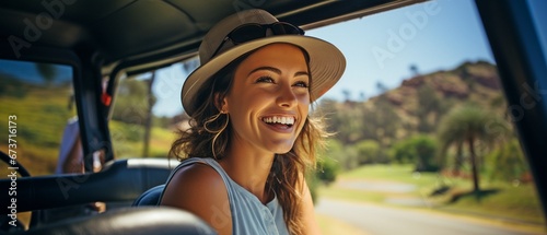 A cheerful young lady enjoying a round of golf on a beautiful day while operating a golf cart along a course.