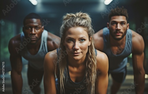 Two Black males and a White woman working out on planks and abs in a contemporary gym.