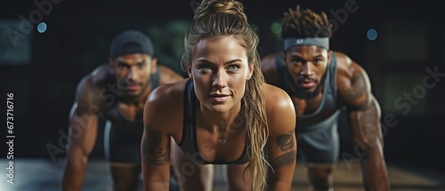 Two Black males and a White woman working out on planks and abs in a contemporary gym. photo
