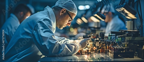 A female electrical engineer in a white lab coat is performing an optical check on PCB boards while working on an electronic assembly line..