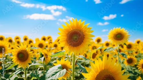 A field of golden sunflowers swaying in the breeze  their cheerful faces turned towards the sun.