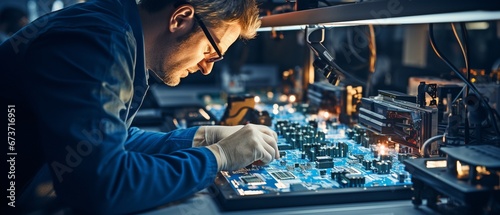 A female electrical engineer in a white lab coat is performing an optical check on PCB boards while working on an electronic assembly line.. photo