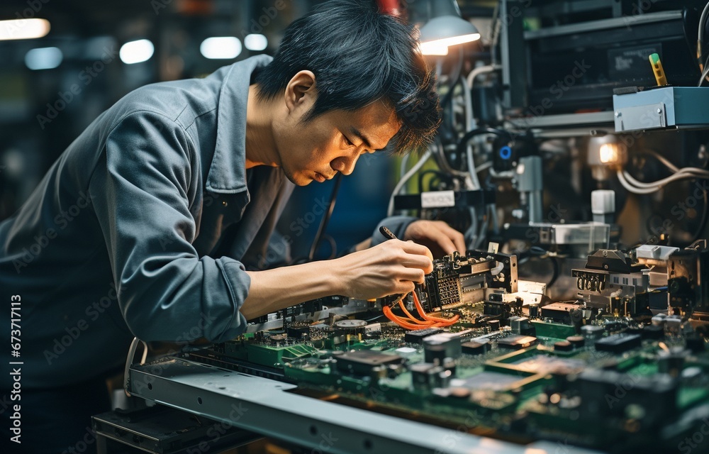 A female electrical engineer in a white lab coat is performing an optical check on PCB boards while working on an electronic assembly line.. A female electrical engineer in a white lab coat is performing an optical check on PCB boards while working on an electronic assembly line..