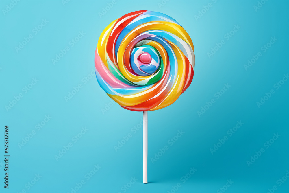 Beautiful round colorful large lollipop on a white stick isolated on a light blue background with space for logo, text or inscriptions.generative ai Beautiful round colorful large lollipop on a white stick isolated on a light blue background with space for logo, text or inscriptions.generative ai
