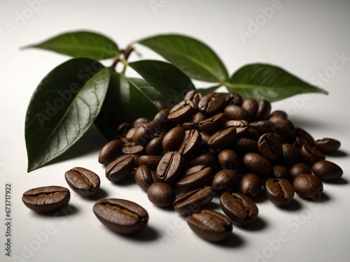 Advertising photoshot rich aroma coffe beans, rich and bold flavors of freshly brewed coffee, surrounded by lush and vibrant coffee leaves in a stunning visual representation