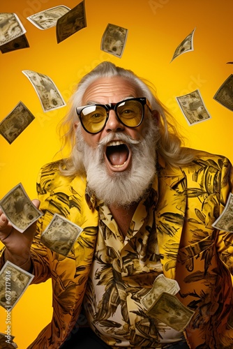 Portrait of a crazy funky old long-bearded millionaire in sunglasses throwing money around. photo