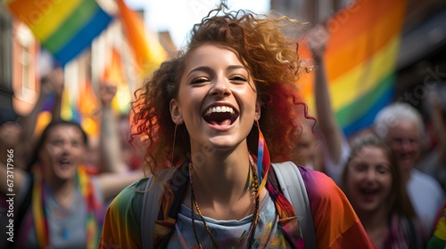 Young Smiling Woman Rallying for LGBTQ  Rights at a Pride Diversity Parade.