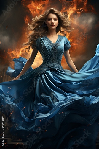 A woman in a blue waving dress with flying fabric. Fire in the background.