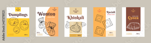 Collection food design for branding package, cover, poster. Set background template with various dumplings in retro hand drawn style. Vector illustration.