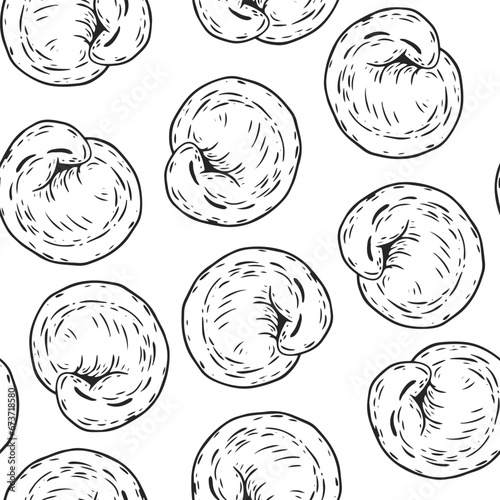 Seamless pattern with dumplings in hand drawn monochrome style. Kitchen background for wallpaper, branding, textile. Sketch vector illustration.