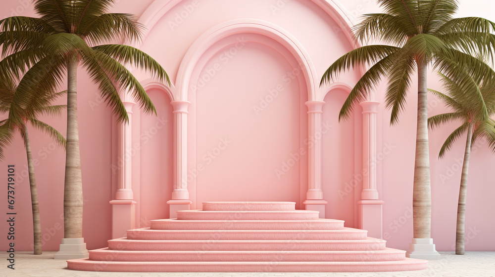 Pink arched doors and coconut tree decorations on the stairs - obrazy, fototapety, plakaty 