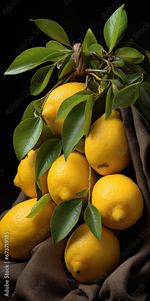Frische Zitronen am Baum mit Wassertropfen Nahaufnahme im Hochformat, ai generativ