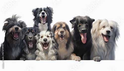Group of dogs with their mouths open in front of a white background. Banner or social media cover