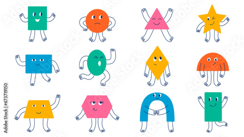 Set isolated different funky colorful basic geometric figures. Doodle flat illustration for kids. Vector collection with face emotions, hands and legs in hand drawn style. Cute funny characters.