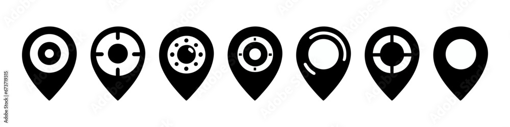 Set of black location icons on the map isolated. Vector illustration Set of black location icons on the map isolated. Vector illustration