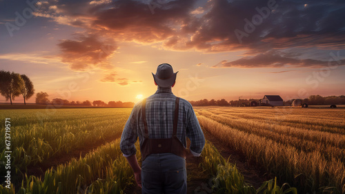 Farmer looking at his field during sunset rear view of modern farm. Generative AI