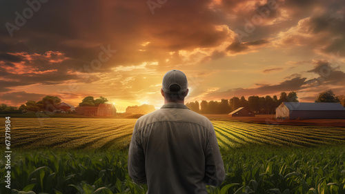 Farmer looking at his field during sunset rear view of modern farm. Generative AI © Maciej Koba
