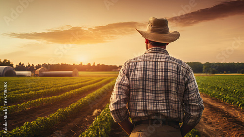 Farmer looking at his field during sunset rear view of modern farm. Generative AI