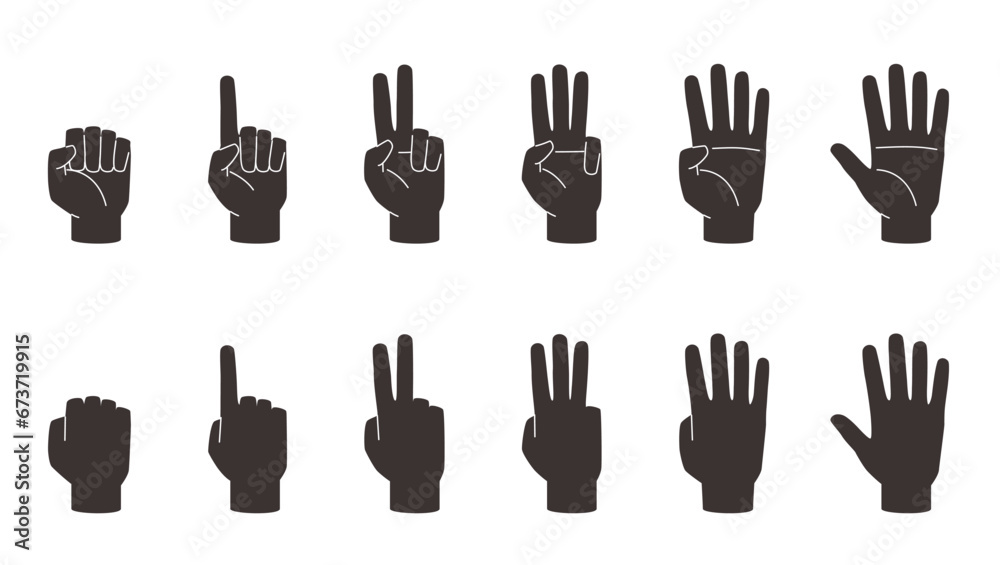 Black hands counting icons. Calculating gesture, human arms silhouettes, front and back view, different fingers numbers, interactive communication signs nowaday vector cartoon flat isolated set Black hands counting icons. Calculating gesture, human arms silhouettes, front and back view, different fingers numbers, interactive communication signs nowaday vector cartoon flat isolated set