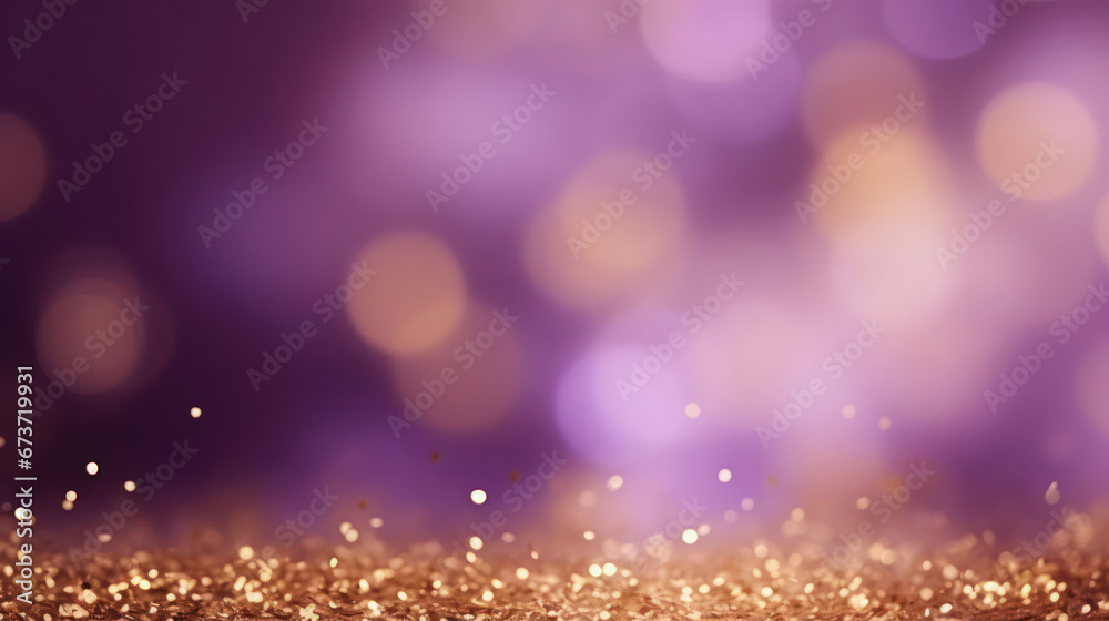 Obraz premium Beautiful festive purple background with golden particle as wallpaper background illustration with copy space