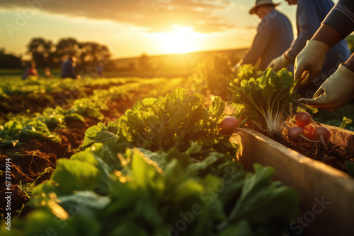 Organic vegetables being harvested under soft, diffused sunlight during the golden hour. Natural clean light and inviting scene with copy space. Generative AI