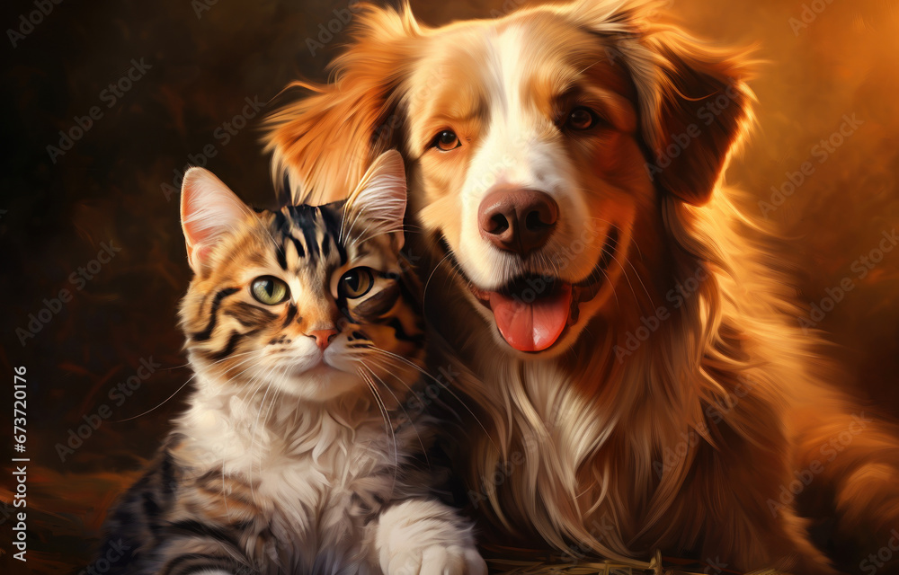 Painting of a dog and a cat looking at the camera