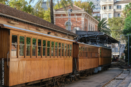 Historic train railway from Palma de Mallorca to Soller on Balearic Island named Orange Express scenic ride journey time travel like a century 100 years ago