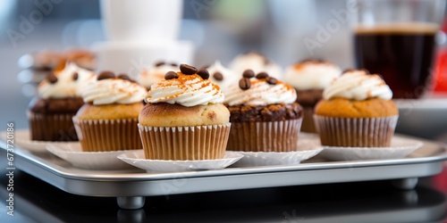 Cups of coffee and cupcakes on a coffee tray, concept of Food presentation