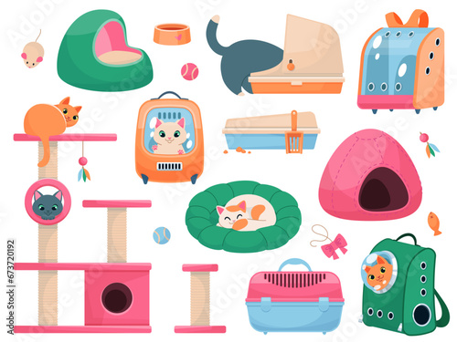Cats accessories. Cute animals with beds toys and carriers, different devices for pets, transportation, bags and backpacks, care and play, pet shop. Vector cartoon flat isolated illustration set