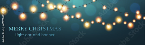 Christmas banner. Light garland. New year holiday decoration. Glowing bulbs, horizontal background. Electric illuminating. 3d isolated realistic elements. Poster template. Vector illustration photo