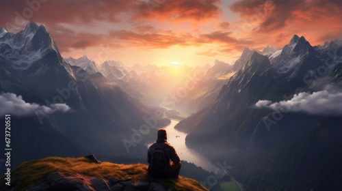 Inspiring image of an adventurer guy watching sunset on the great French Alps mountains.