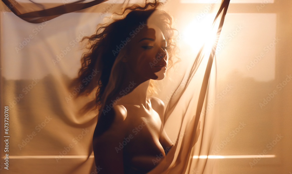 Sensual afro american woman standing naked behind transparent sheer curtain in bright sunlight - obrazy, fototapety, plakaty 