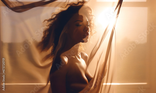 Sensual afro american woman standing naked behind transparent sheer curtain in bright sunlight