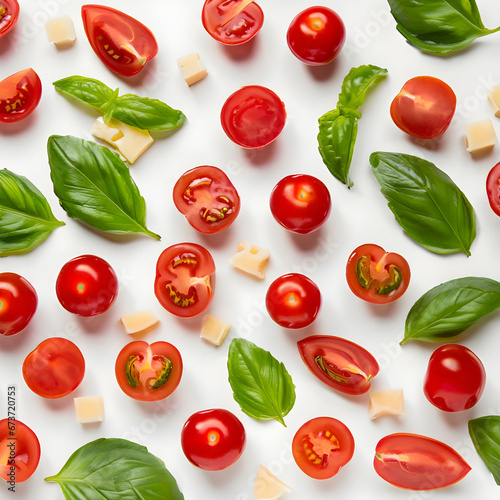 Pattern pizza ingredients pattern made of cherry tomatoes, basil and cheese on white background. 