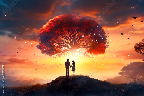 Romantic couple holding hands, a silhouette of love, man and woman, under a tree glowing at sunset. Concept of Valentine's day, falling in love. Copy space