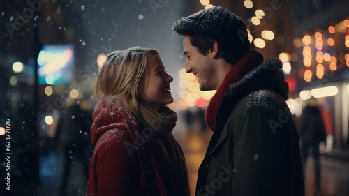 young couple in love walks in the street with christmas lights