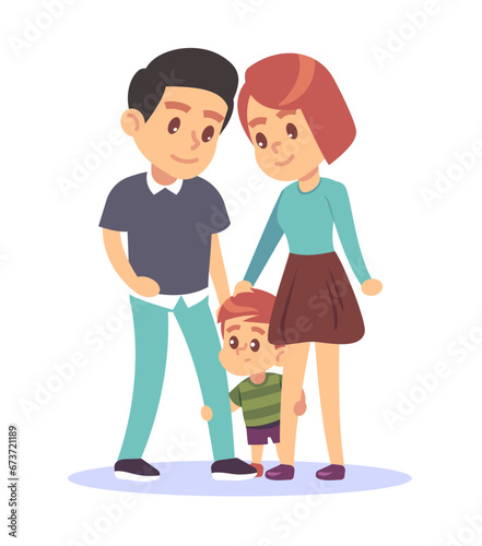 Frightened boy hides behind his parents. Little child afraid. Children emotion. Scared expression. Mom and dad hugging son. Happy family relationships. Cartoon flat isolated vector concept