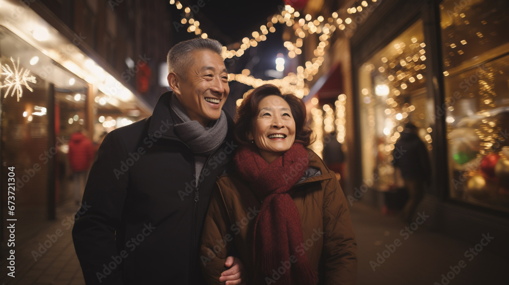 asian mature couple in love walks in the street with christmas lights