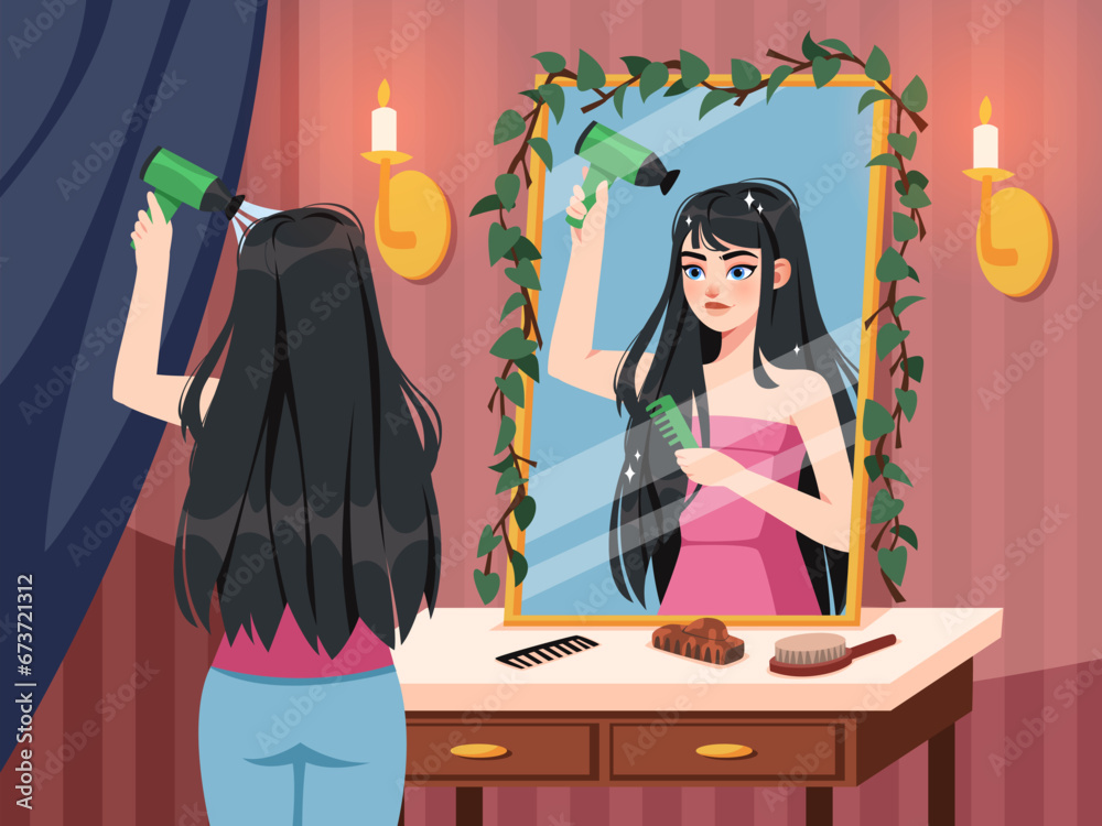 Girl dries long dark hair in mirror front. Young woman takes herself care, hairstyling process, beauty treatments, women morning routine, cartoon flat style isolated tidy vector concept Girl dries long dark hair in mirror front. Young woman takes herself care, hairstyling process, beauty treatments, women morning routine, cartoon flat style isolated tidy vector concept