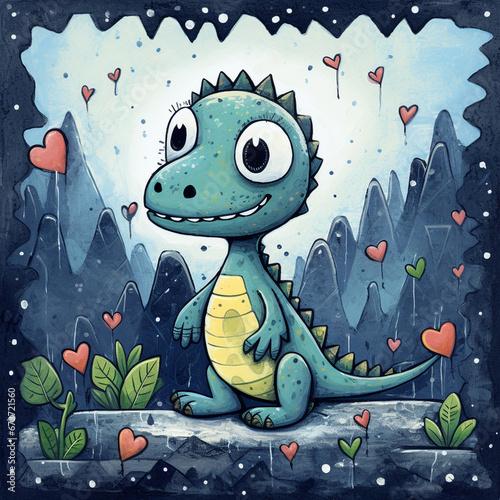 a cartoon of cute dinosau in love photo