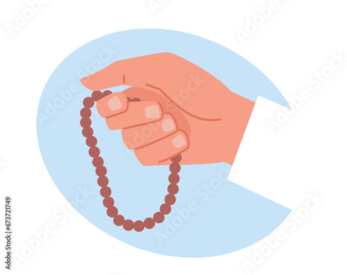 Hand holding Muslim wooden Holy rosary or buddhist mala, praying people. Islam religion symbol. Religion sign. Prayer beads. Element for meditation. Cartoon flat isolated vector concept