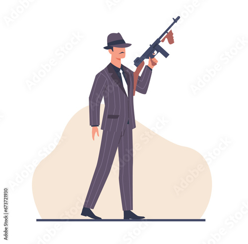 Mafia boss with Thompson machine gun. Gangster or mobster. Retro character 1920s and 1930s style. Dangerous man with weapon, killer and criminal cartoon flat isolated illustration vector concept