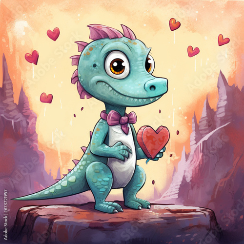 a cartoon of cute dinosau in love photo