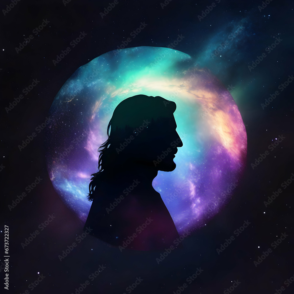 The silhouette of Jesus Christ with a dark sky galaxy in the background. 